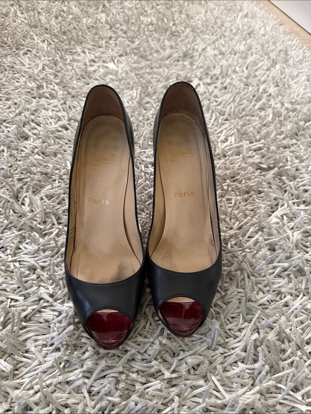 Christian Louboutin Black Leather Peep-Toe Pumps with Red Patent Toe Cap